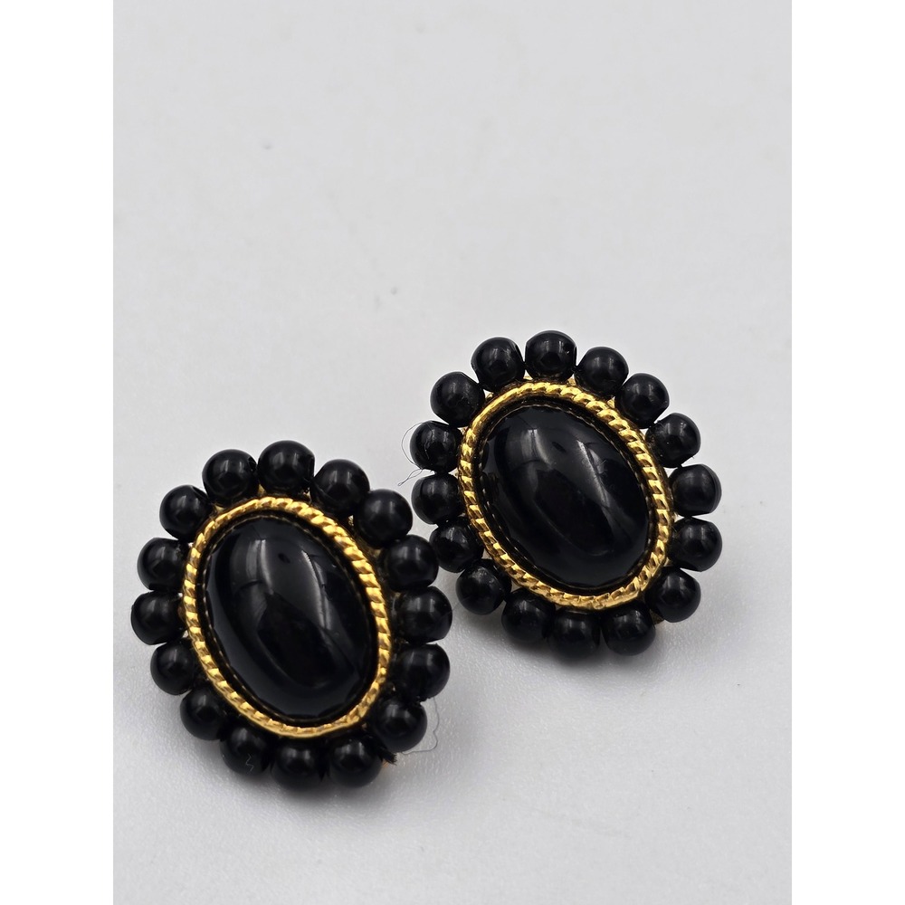 Vintage Black Cabochon Gold Tone Clip On Earrings Beaded Oval Classic Style